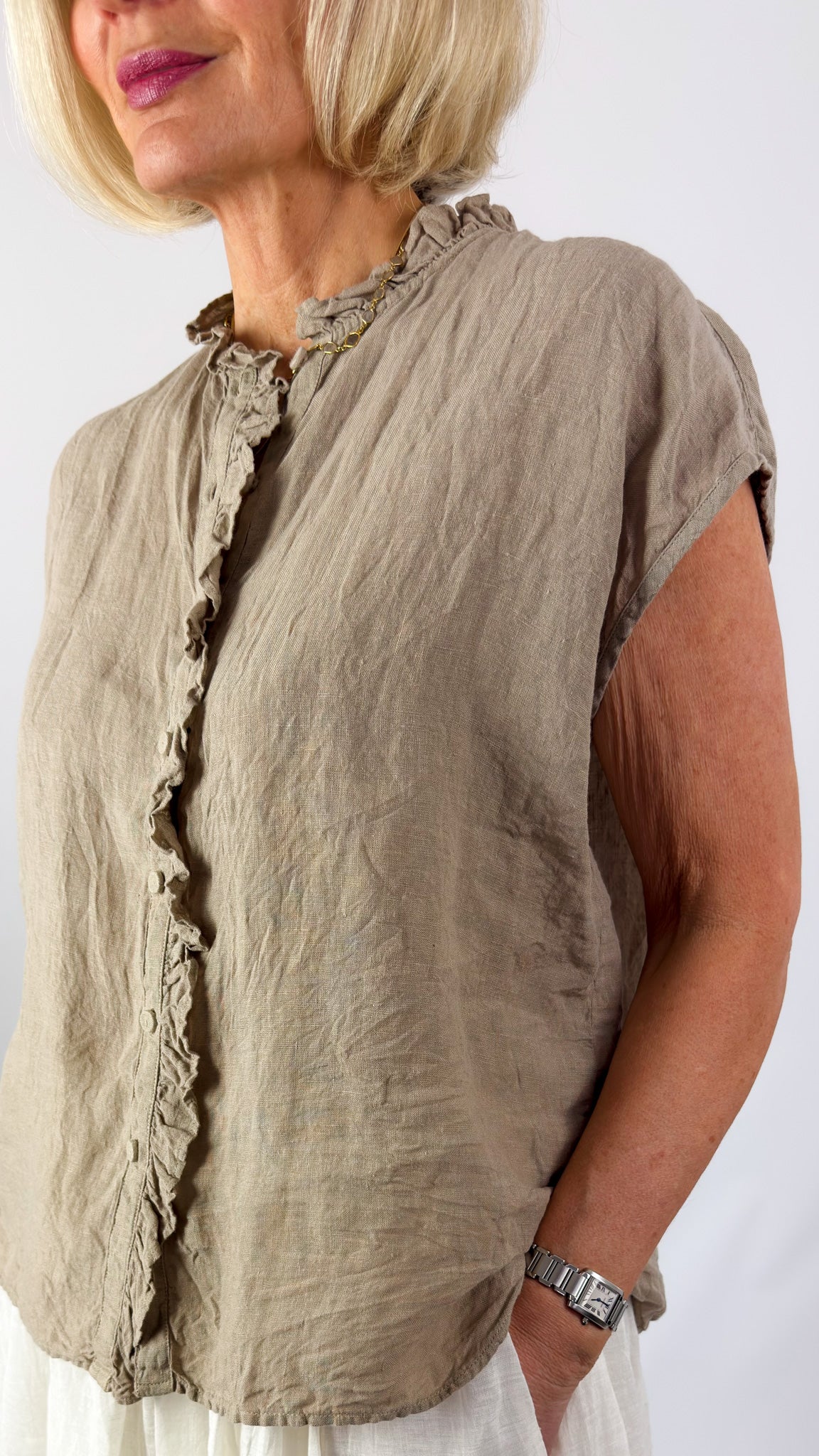 Maison de Soil 001D Frill Shirt Ash Beige